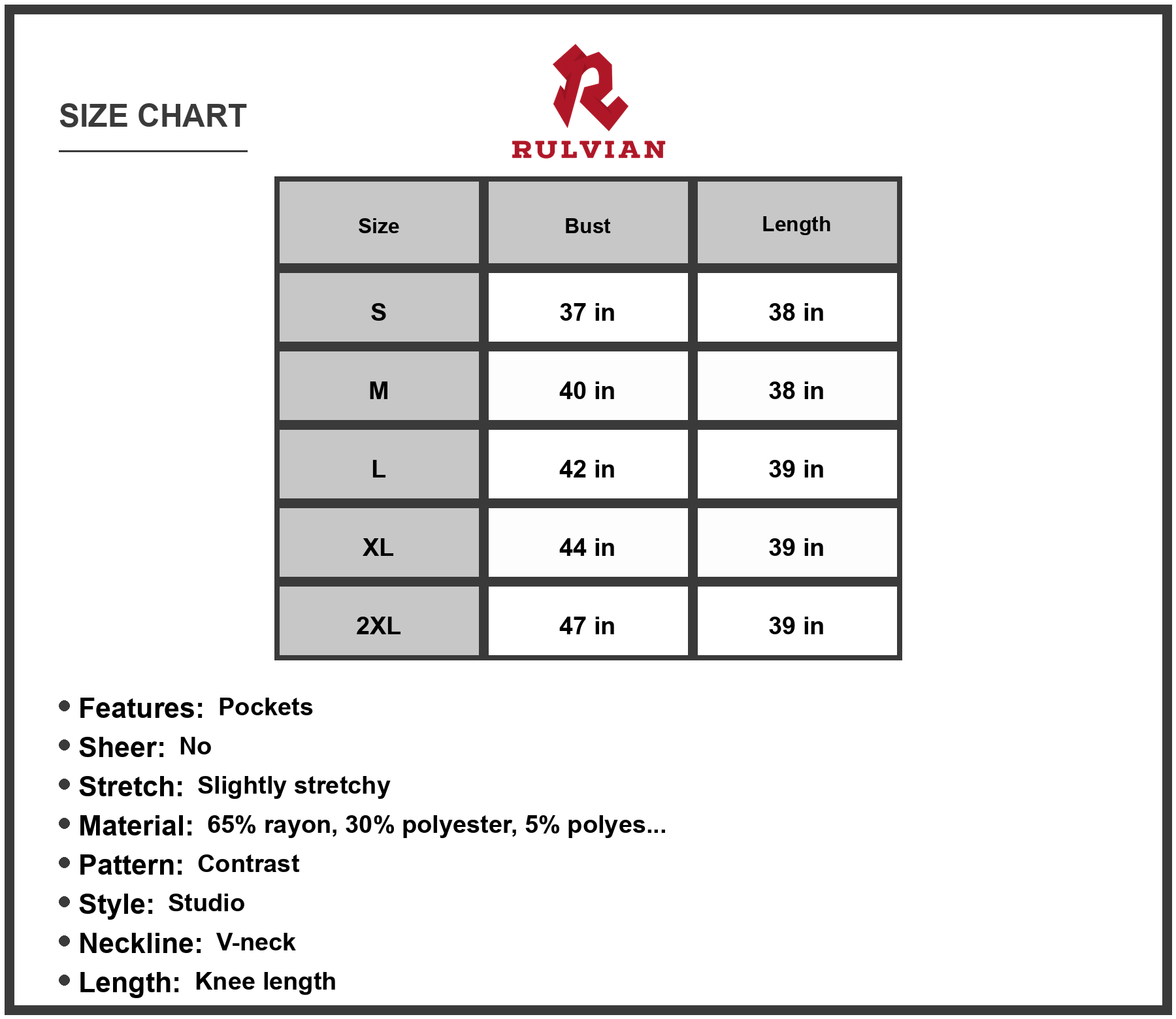 Size Chart - Women's Contrast V Neck Sleeveless Dress Casual Knee Length with Pockets 65% rayon 30% polyester 5% polyester