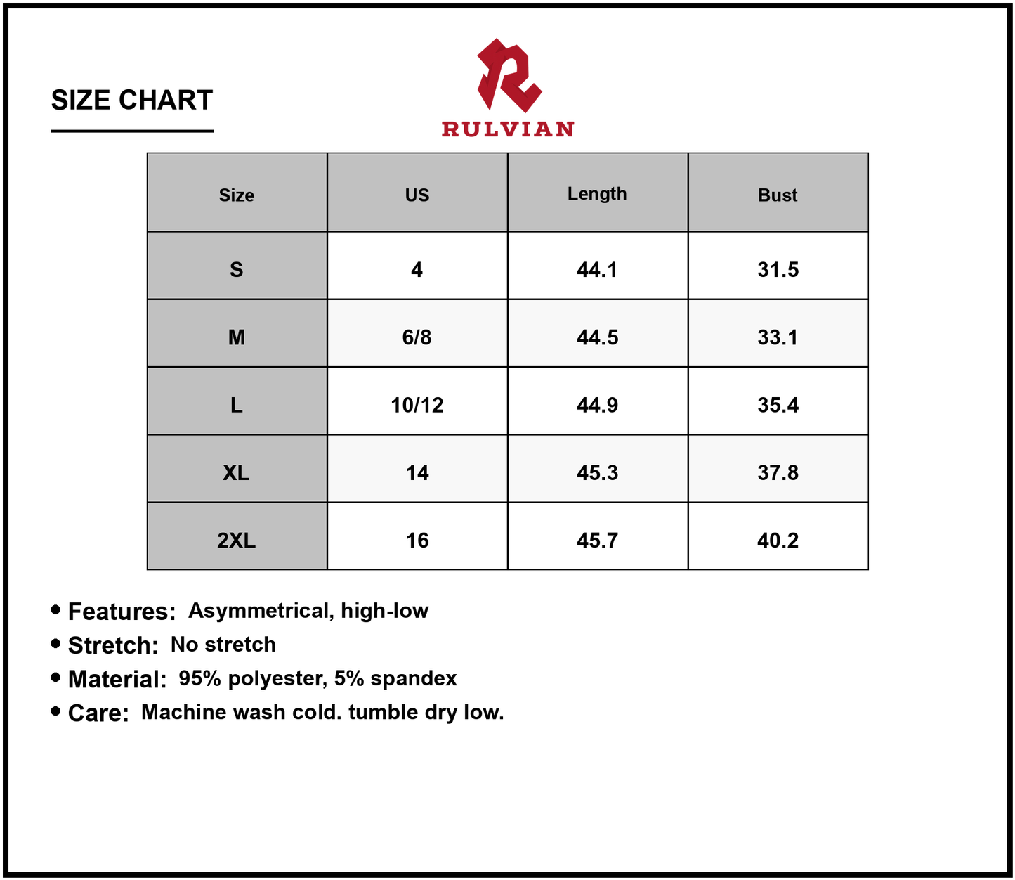 Size Chart - Women's Ruched Round Neck Sleeveless Dress with Asymmetrical High Low Hem No Stretch 95% Polyester 5% Spandex
