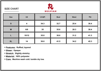 Size Chart - Women's Layered Single Shoulder Mini Dress with Ruffles and Sheer Overlay 100% Polyester Light Stretch and Easy Care