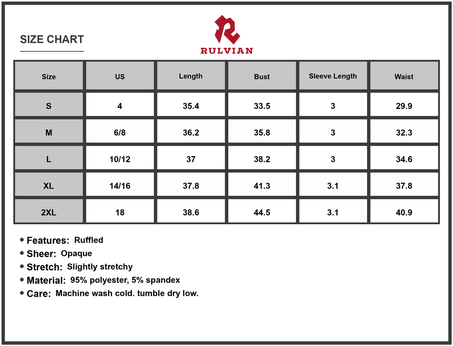 Size Chart - Women's V-Neck Ruffled Cap Sleeve Dress with Sheer Overlay and Opaque Stretch Knit 95% Polyester 5% Spandex
