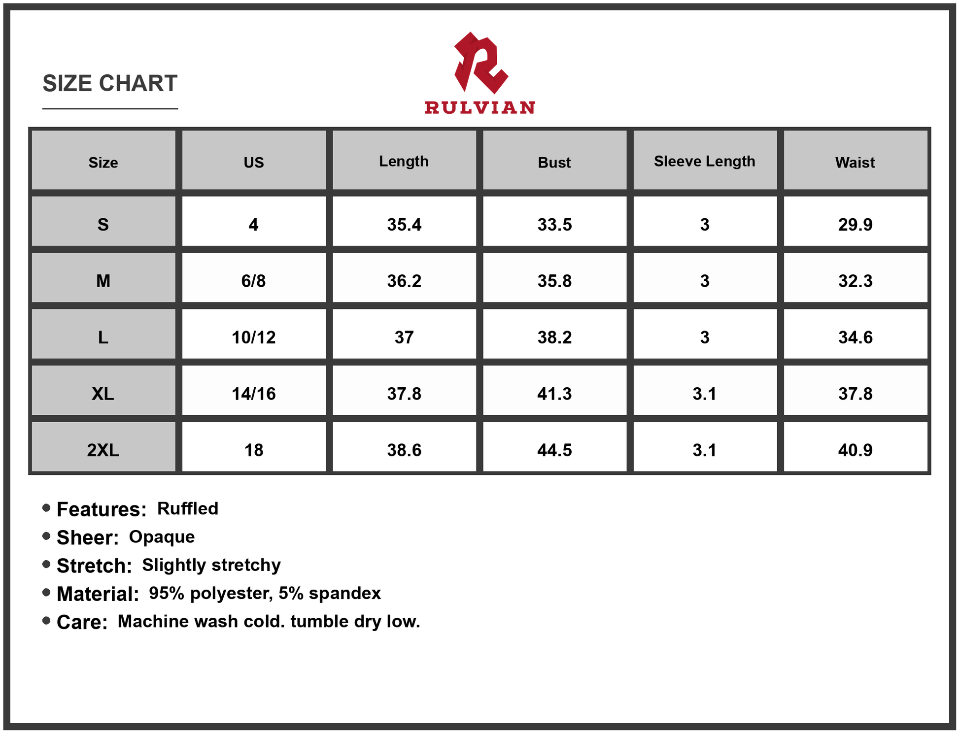 Size Chart - Women's V-Neck Ruffled Cap Sleeve Dress with Sheer Overlay and Opaque Stretch Knit 95% Polyester 5% Spandex