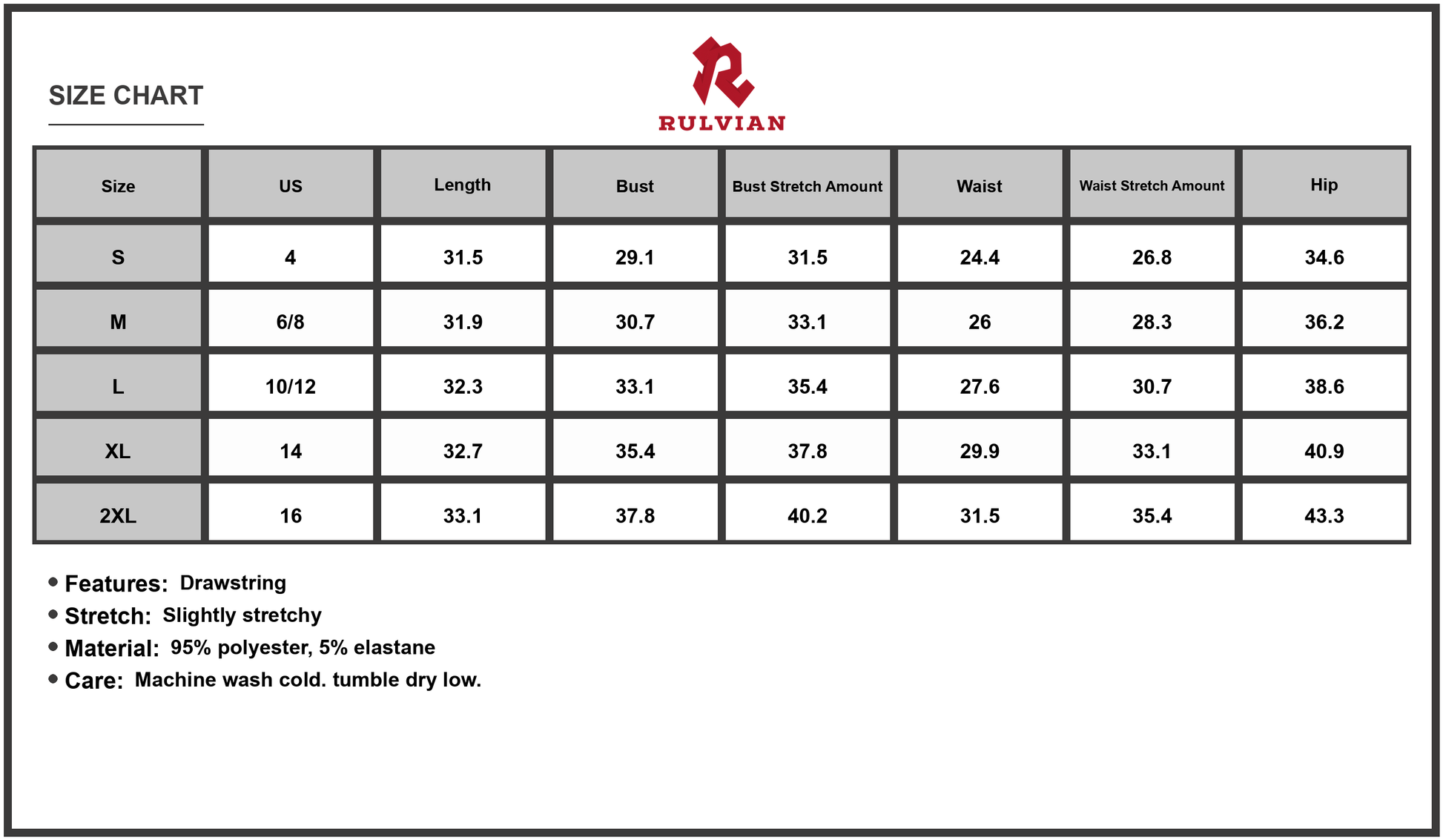 Size Chart - Women's Drawstring Floral Mini Cami Dress with Slight Stretch ninety five percent polyester and five percent elastane