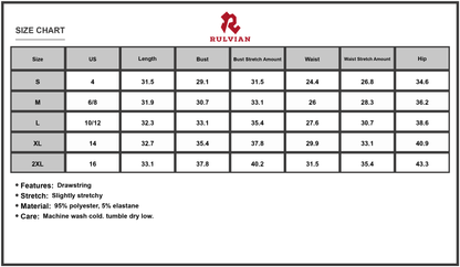 Size Chart - Women's Drawstring Floral Mini Cami Dress with Slight Stretch ninety five percent polyester and five percent elastane