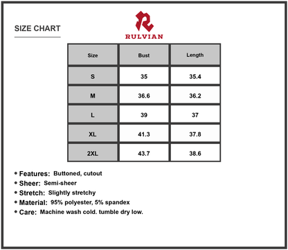 Size Chart - Women's Cutout Round Neck Sleeveless Mini Dress Sheer Details Ninety Five Percent Polyester and Five Percent Spandex