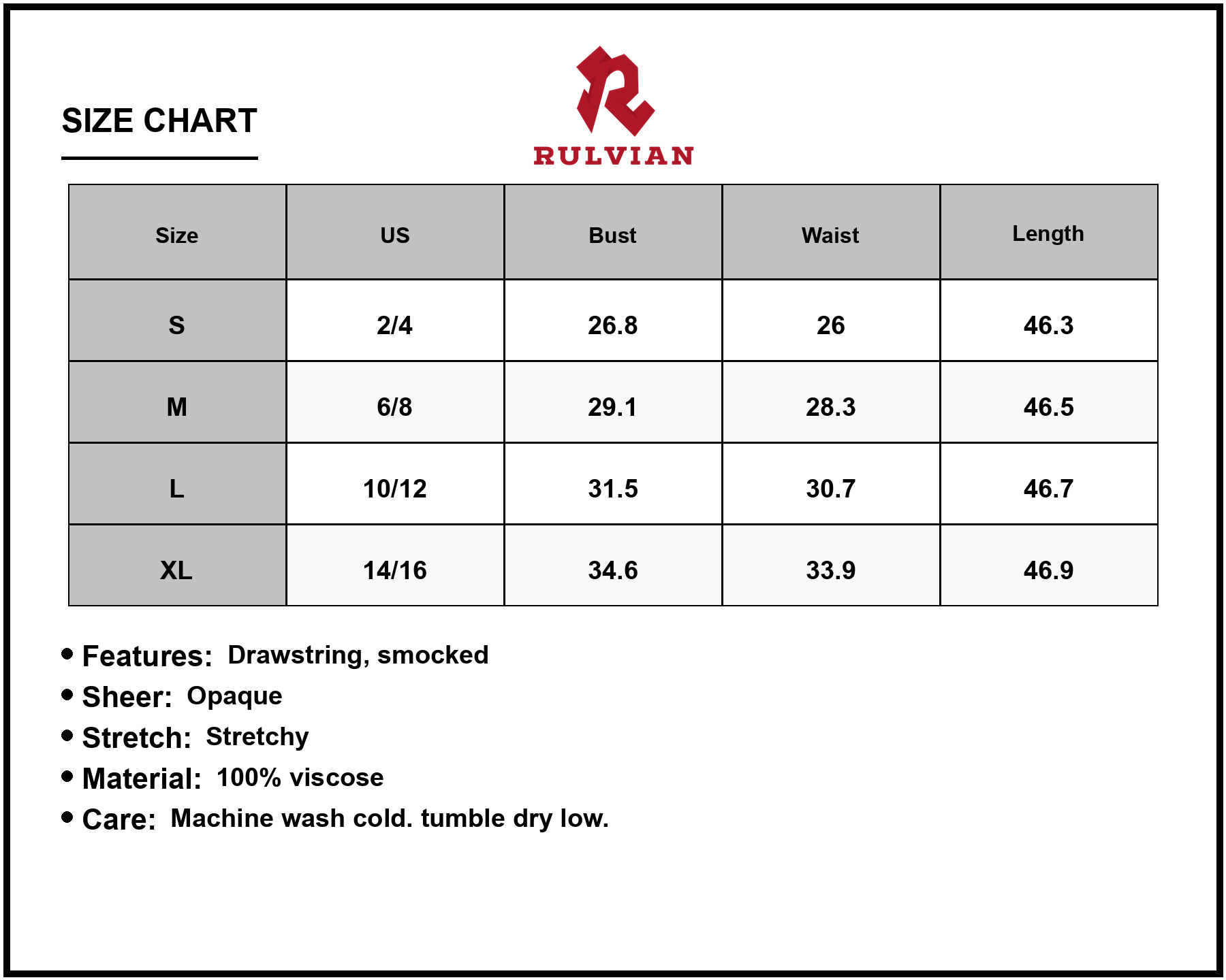 Size Chart - Women's Smocked Printed Square Neck Maxi Cami Dress with Drawstring and Stretchy Body Not Lined 100% viscose fabric