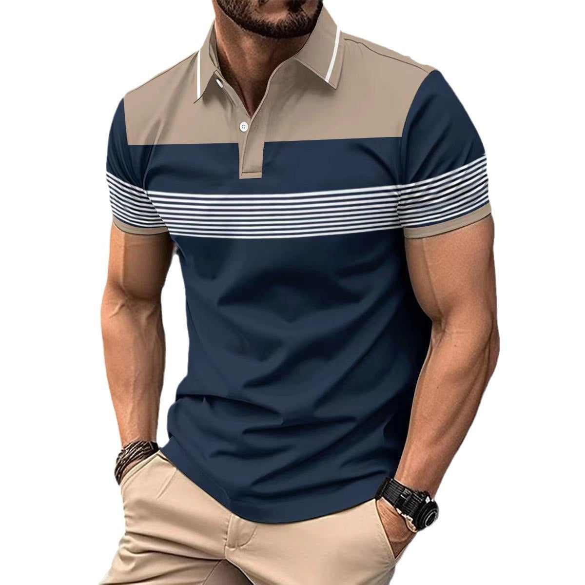 Men's Striped V Neck Button Polo Shirt Cotton Blend 50% Cotton 50% Polyester Lightweight Summer Casual Style