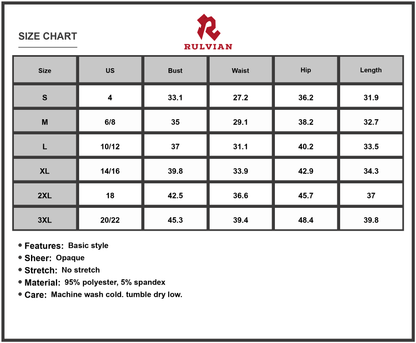 Size Chart - Women's Off Shoulder Dress Short Sleeve Basic Style Ninety Five Percent Polyester Five Percent Spandex Fabric Blend