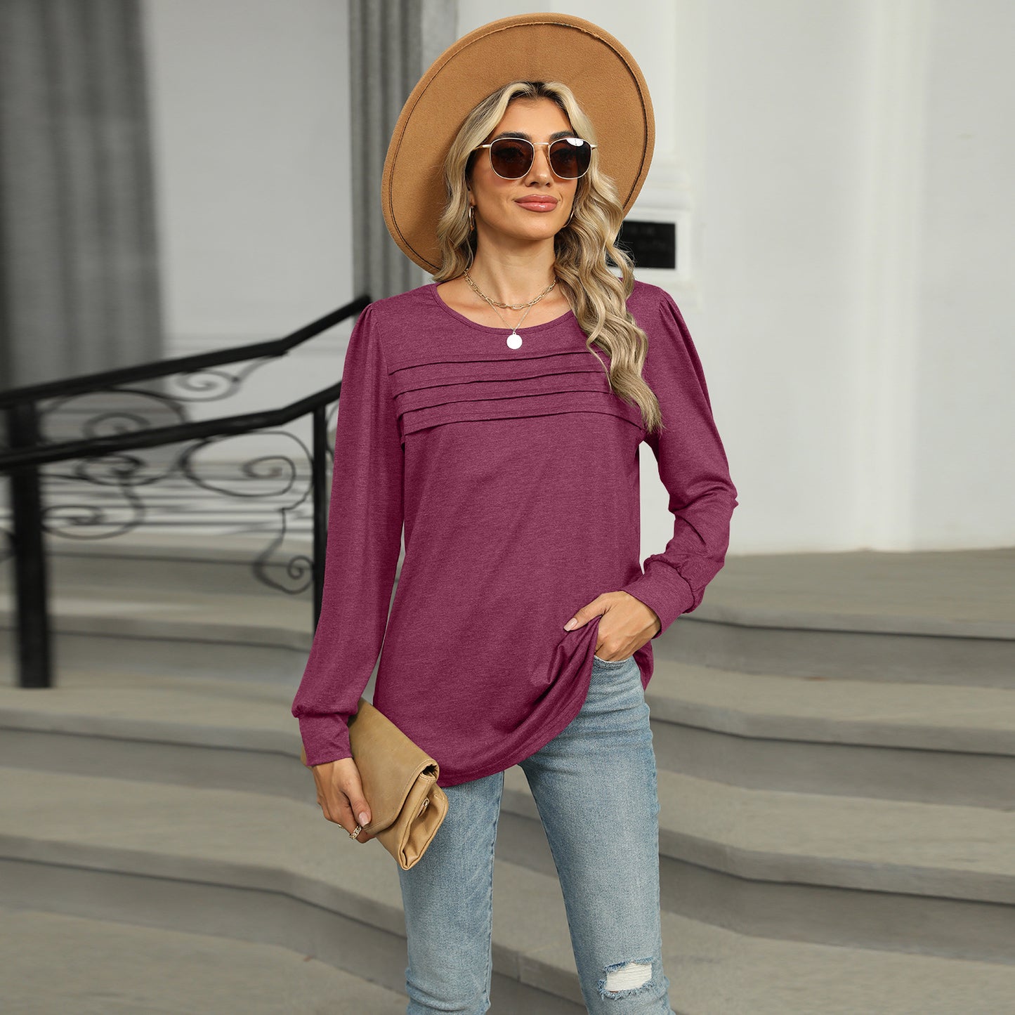 Women's U Neck Pleated Long Sleeve Top Made with Rayon % Cotton Blend for Everyday Comfort