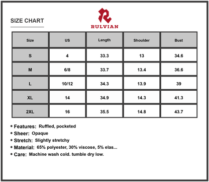 Size Chart - Women's Pocketed Ruffled Cap Sleeve Mini Dress with Sheer Overlay Lightweight 65% Polyester 30% Viscose 5% Elastane