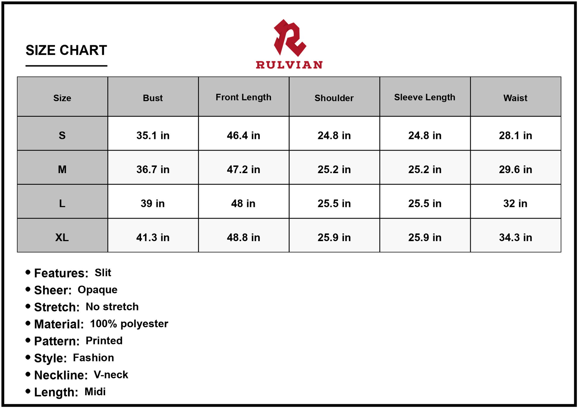 Size Chart - Women's V Neck Midi Slit Dress with Printed Pattern in Polyester % Fabric and An A Line Hem with Three Quarter Sleeves