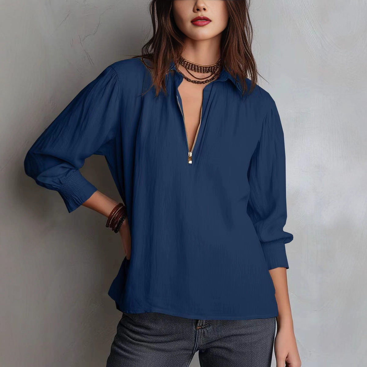 Women's Western Style Shirt Collar Pullover 100% Polyester Elegant Workwear Top For Office In Multiple Colors