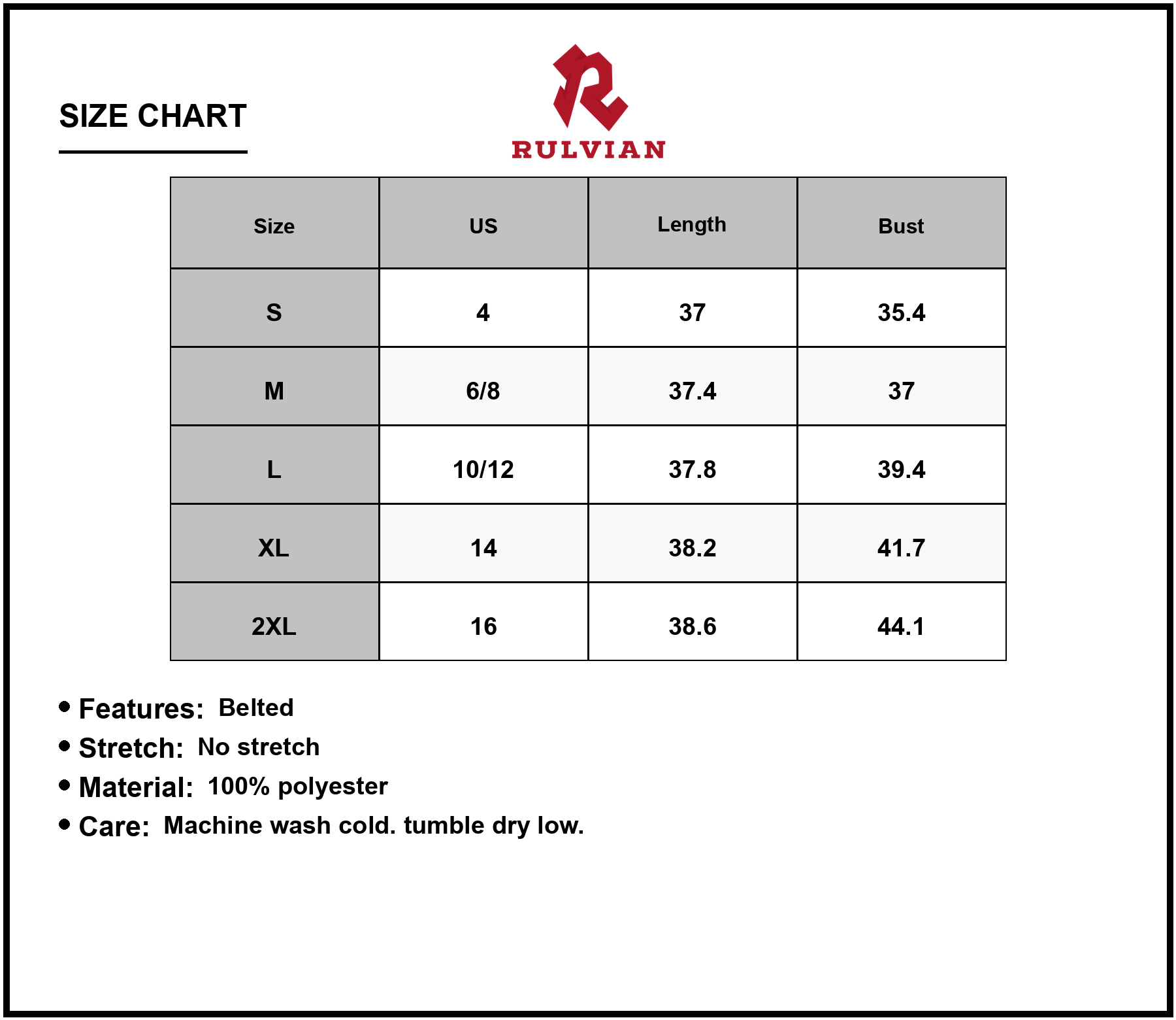 Size Chart - Women's Printed Tie Waist Mini Dress with Belt 100% Polyester Fabric Easy Care for Everyday Casual Fashion Wear