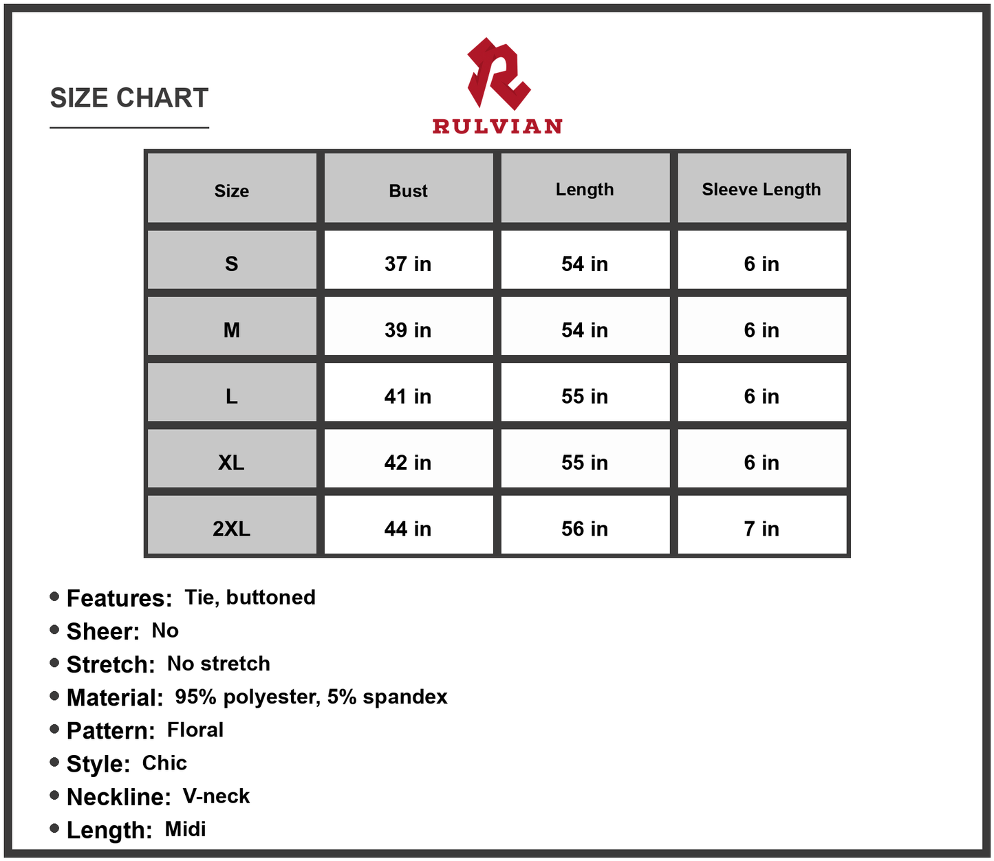 Size Chart - Women's Floral Buttoned Drawstring Waist Tiered Dress with V neck Midi Flutter Sleeves 95% Polyester 5% Spandex