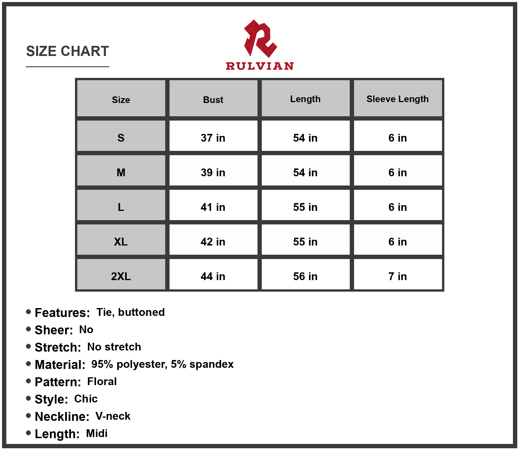 Size Chart - Women's Floral Buttoned Drawstring Waist Tiered Dress with V neck Midi Flutter Sleeves 95% Polyester 5% Spandex