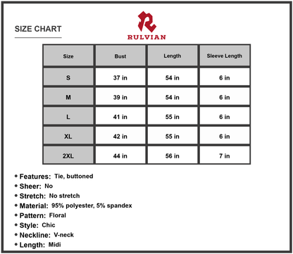 Size Chart - Women's Floral Buttoned Drawstring Waist Tiered Dress with V neck Midi Flutter Sleeves 95% Polyester 5% Spandex