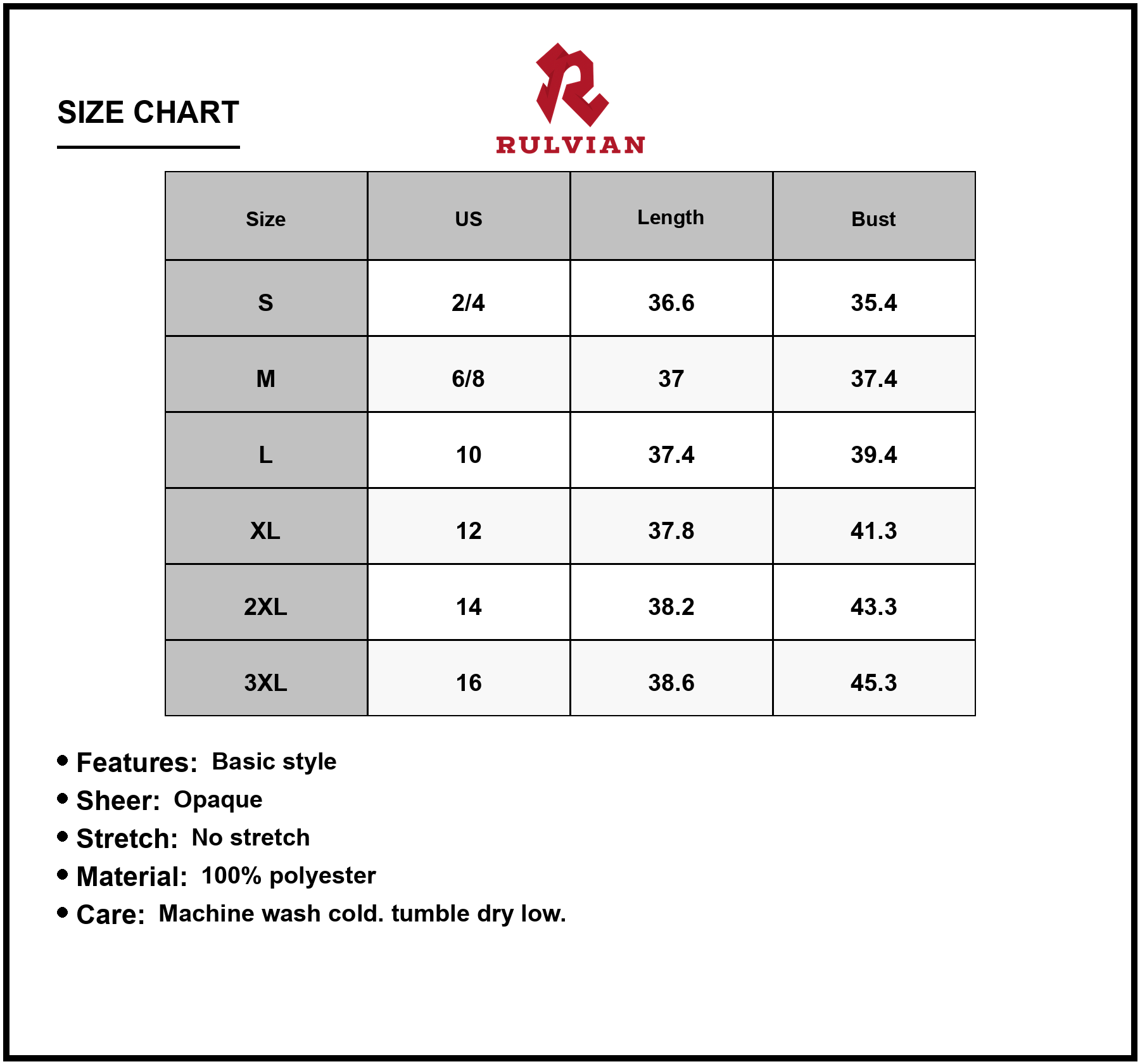 Size Chart - Women's V-Neck Short Sleeve Dress in 100% Polyester Fabric Desirable Full Size Everyday Style with Easy Care and Comfort