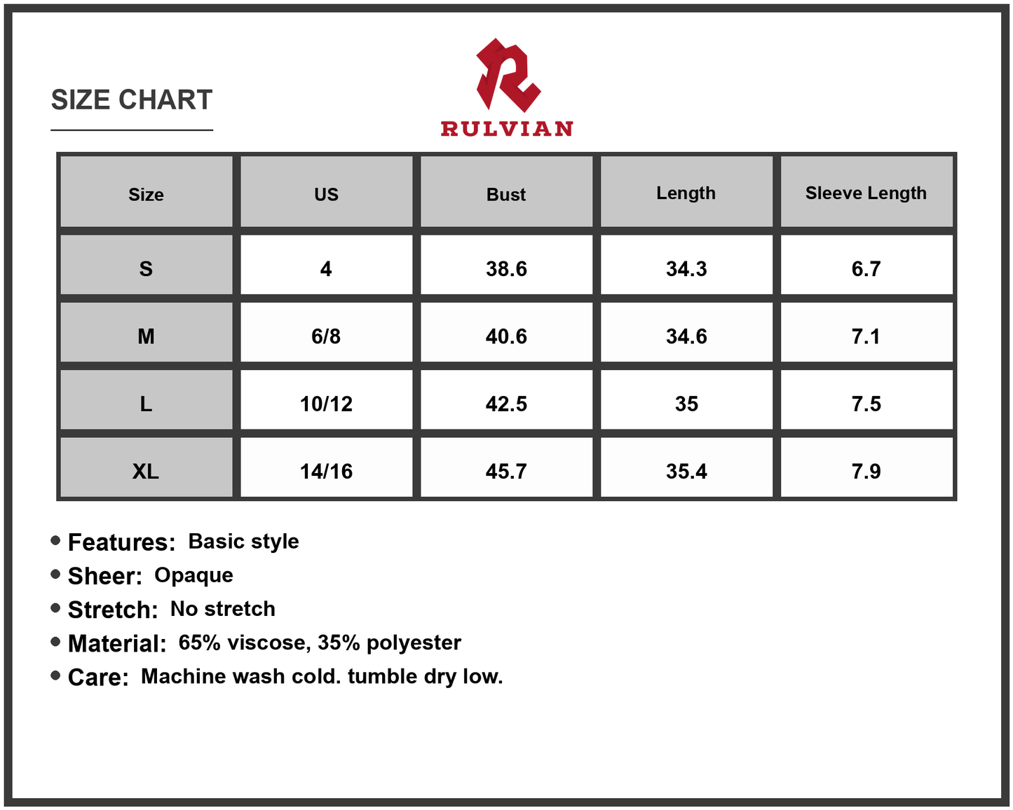 Size Chart - Men's Texture Half Zip Cap Sleeve Mini Dress 65% viscose 35% polyester comfortable fabric all day comfortable fit