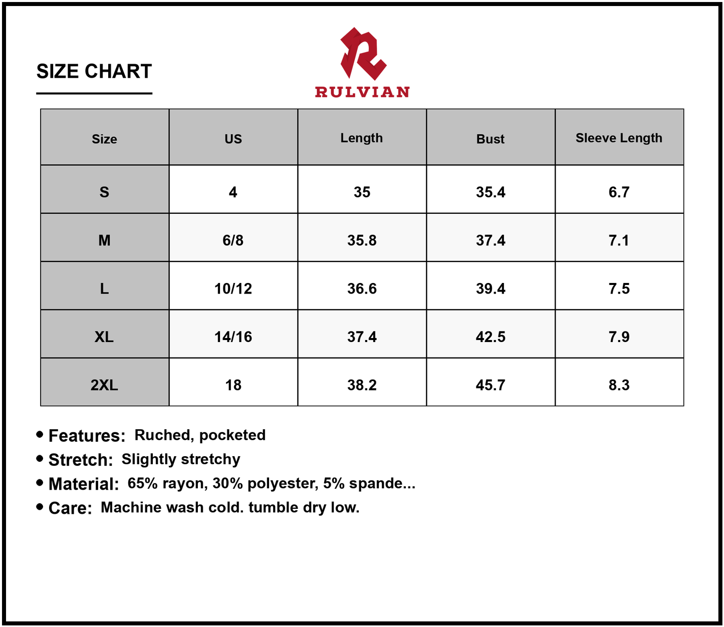 Size Chart - Women's Pleated Front Round Neck Swing Dress with Pockets Ruched Stretch 65% rayon 30% polyester 5% spandex Easy Care