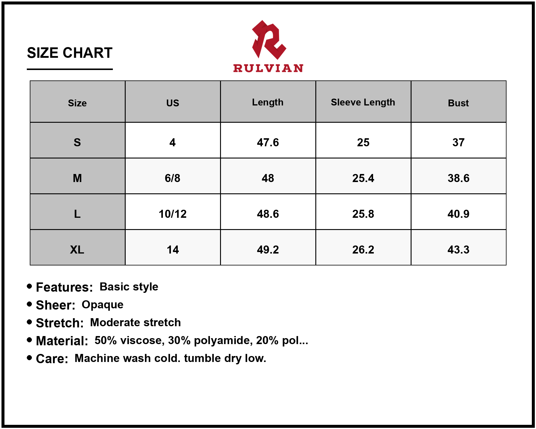 Size Chart - Women's Striped Round Neck Long Sleeve Dress 50% viscose 30% polyamide 20% polyester easy care durable comfortable