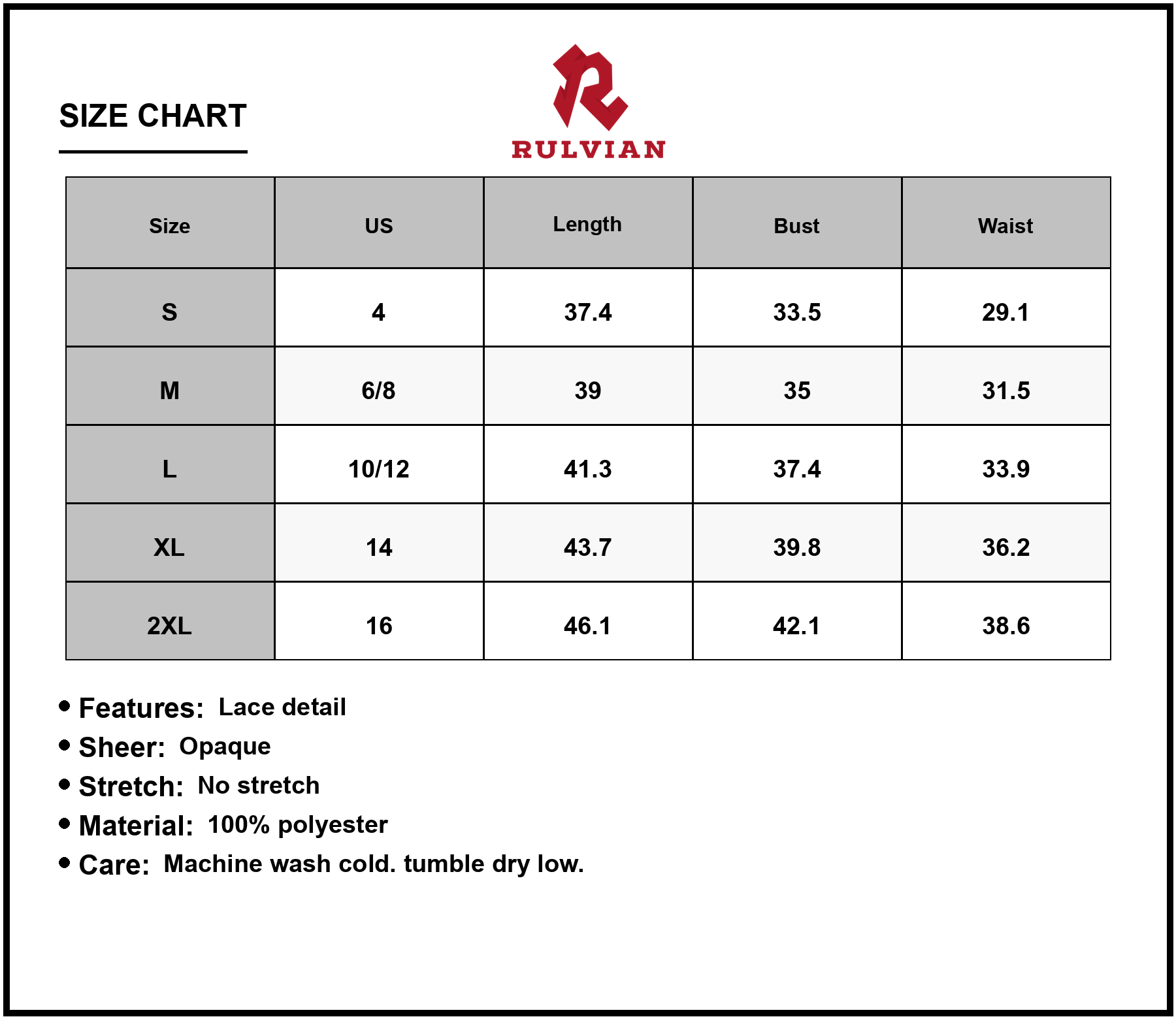 Size Chart - Women's Lace Detail Printed V-Neck Sleeveless Dress with Sheer Overlay and 100% Polyester for Elegant Summer Occasion