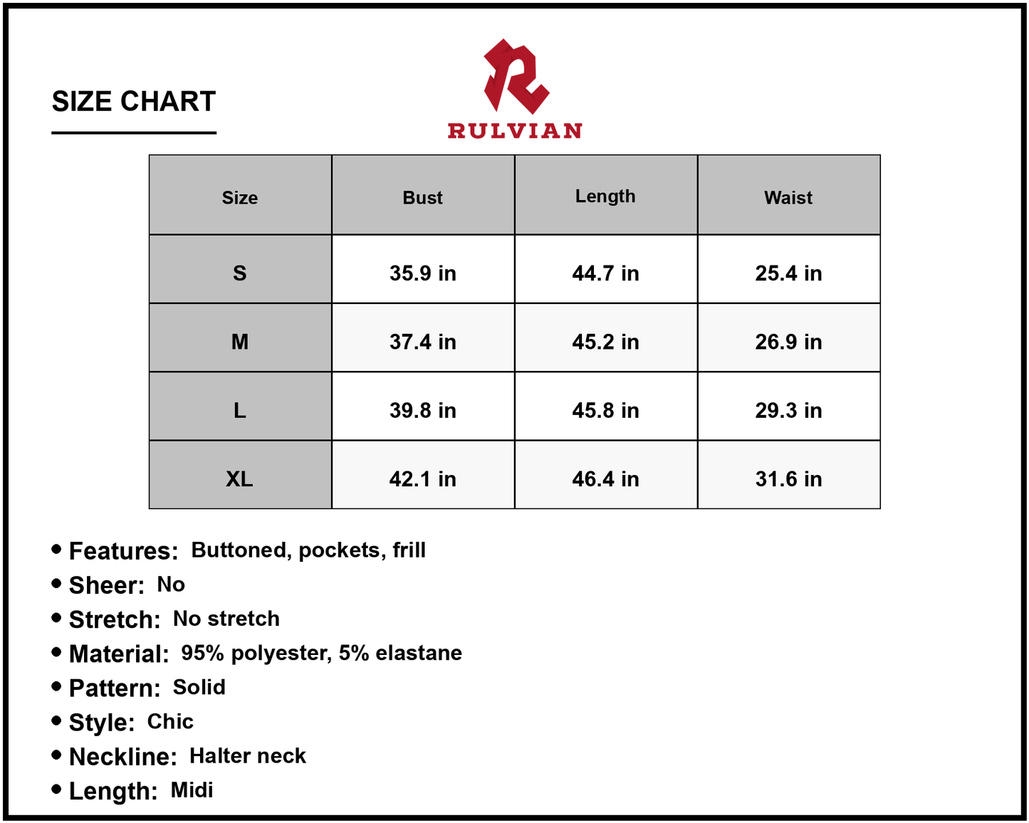 Size Chart - Women's Buttoned Halter Neck Midi Dress Hem Made with ninety five percent polyester and five percent elastane fabric