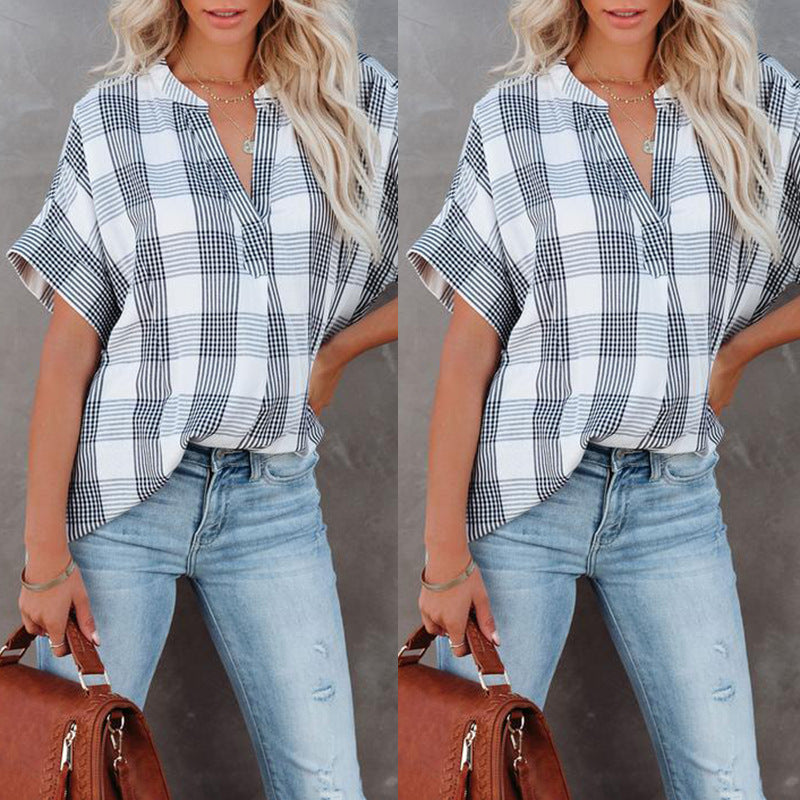 Men's Printed V Neck Loose Casual Plaid Short Sleeve Shirt 100% Polyester Fabric for Everyday Wear Essentials