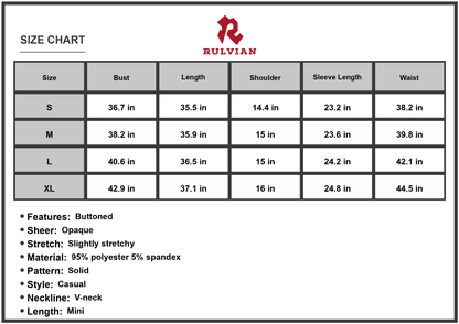 Size Chart - Women's Button Down V Neck Mini Dress Casual Solid Long Sleeve A Line Hem Comfortable Everyday Wear for Casual Outings