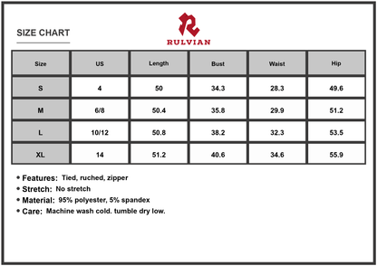 Size Chart - Women's Printed Halter Neck Cami Dress with Tie Ruched Detail and Partial Lining 95% Polyester 5% Spandex Fabric