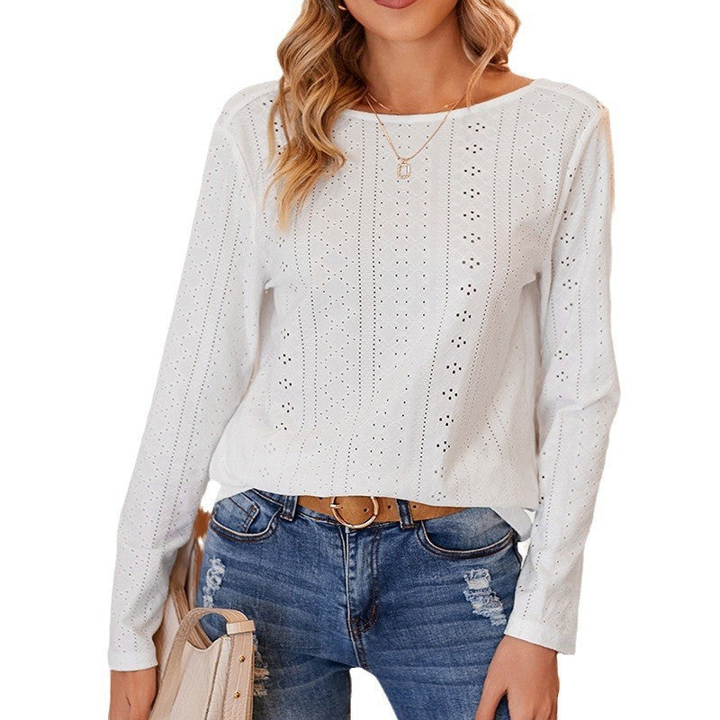 Womens Autumn Backless Round Neck Long Sleeve Top 100% Polyester Casual Lace Hollow Chic Everyday Wear