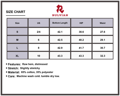 Size Chart - Women's Bootcut Jeans Raw Hem Distressed Slightly Stretchy Casual Fashion Everyday Premium Durable Modern Versatile Apparel