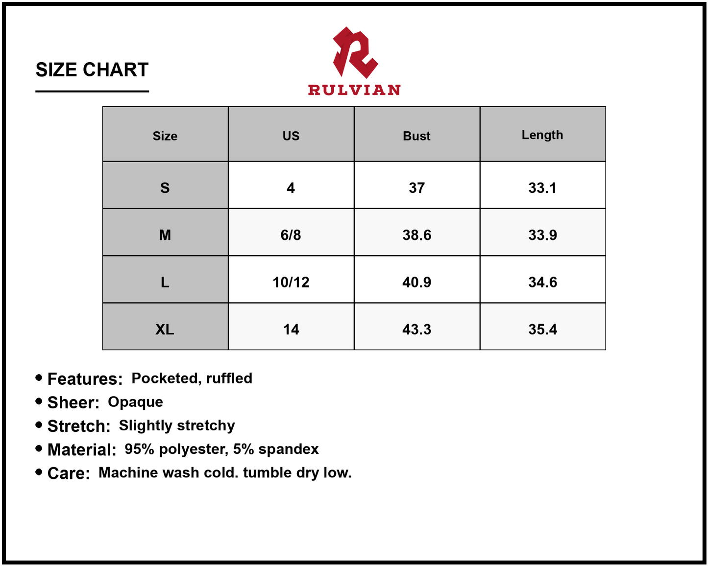 Size Chart - Women's Ruffled Round Neck Long Sleeve Mini Dress Pocketed Sheer Detail Opaque Stretch Fabric 95% Polyester 5% Spandex