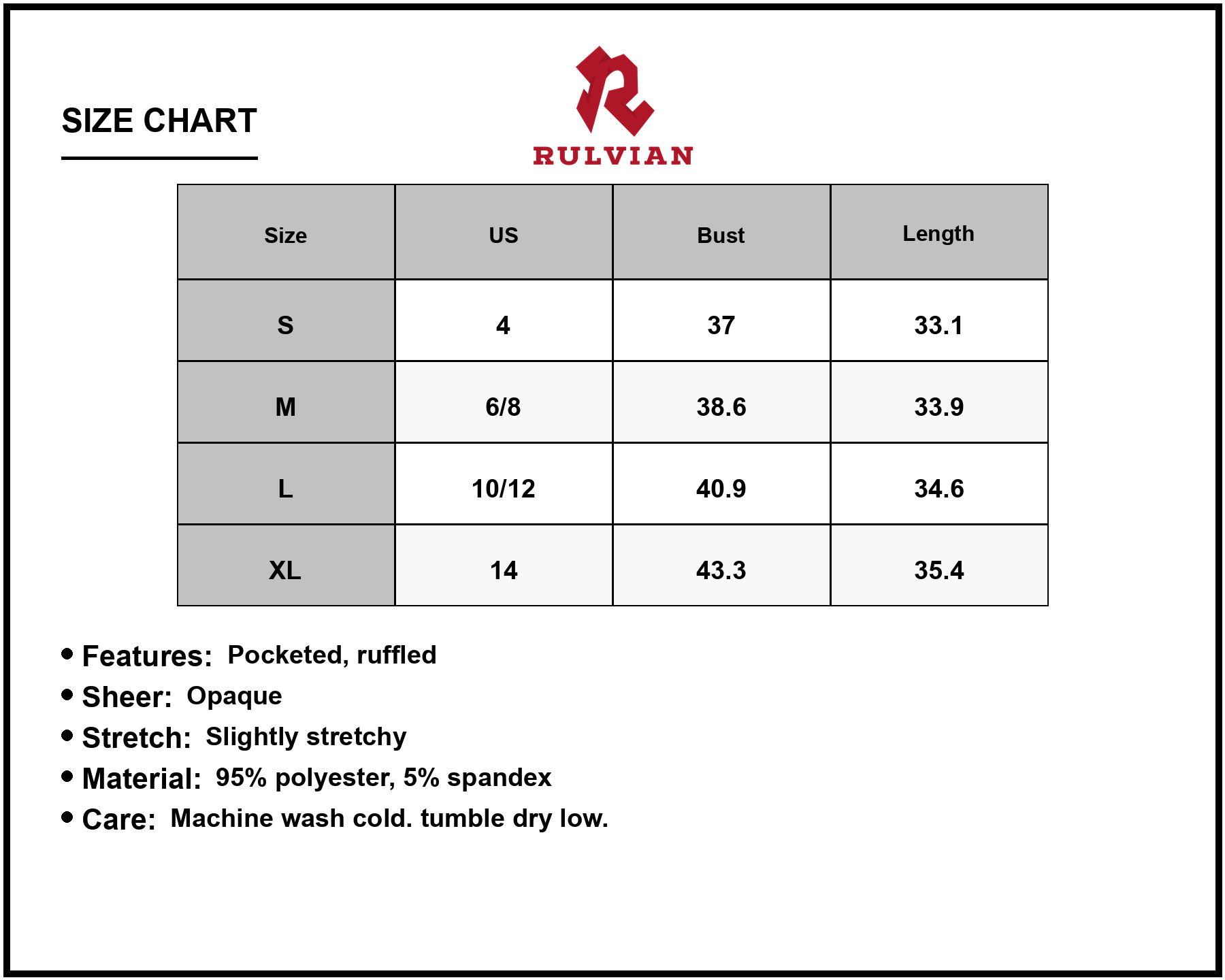 Size Chart - Women's Ruffled Round Neck Long Sleeve Mini Dress Pocketed Sheer Detail Opaque Stretch Fabric 95% Polyester 5% Spandex