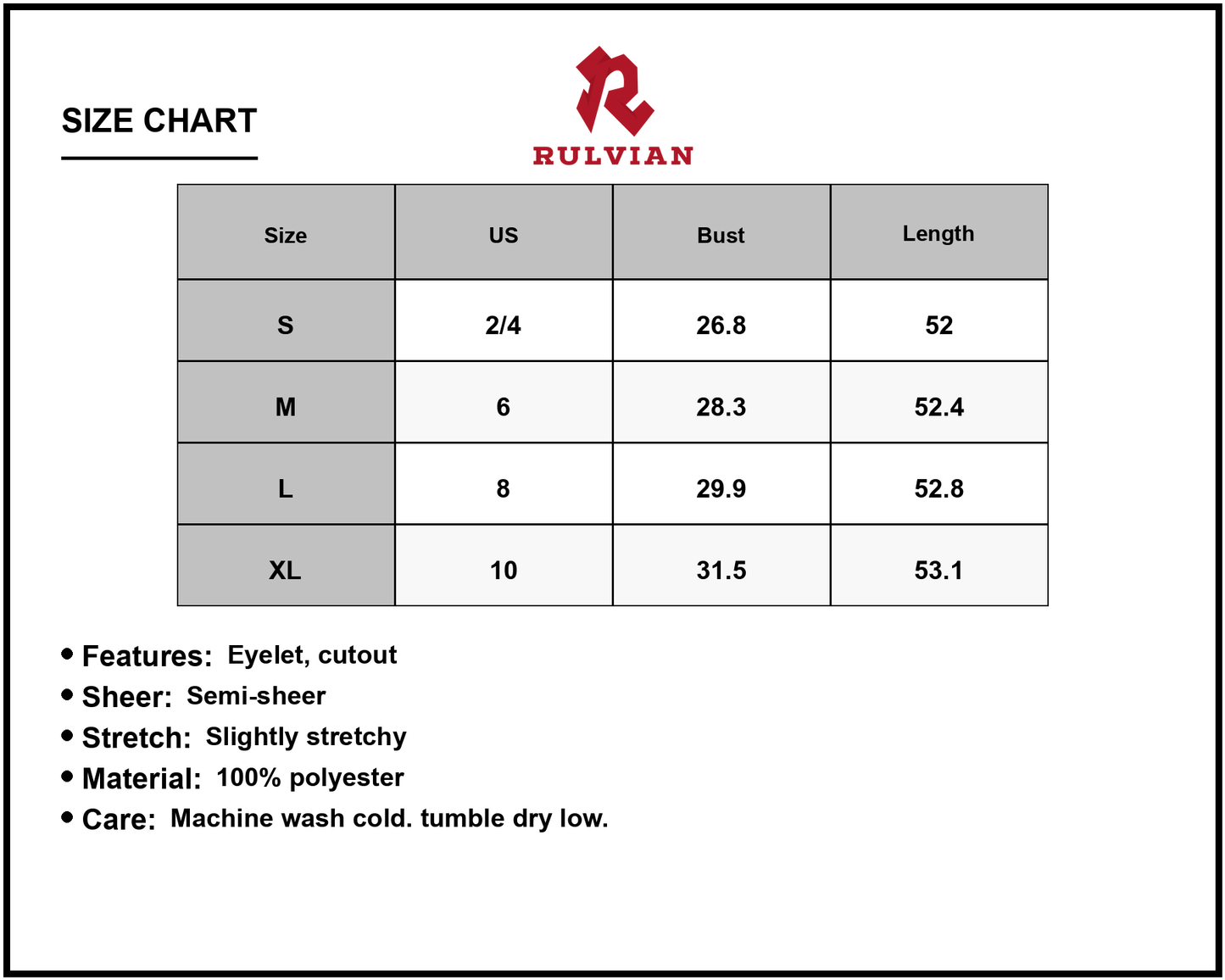 Size Chart - Women's Cutout Side Slit Maxi Tank Dress Eyelet Detail Semi Sheer Stretch Lined 100% Polyester Fabric for Summer Wear