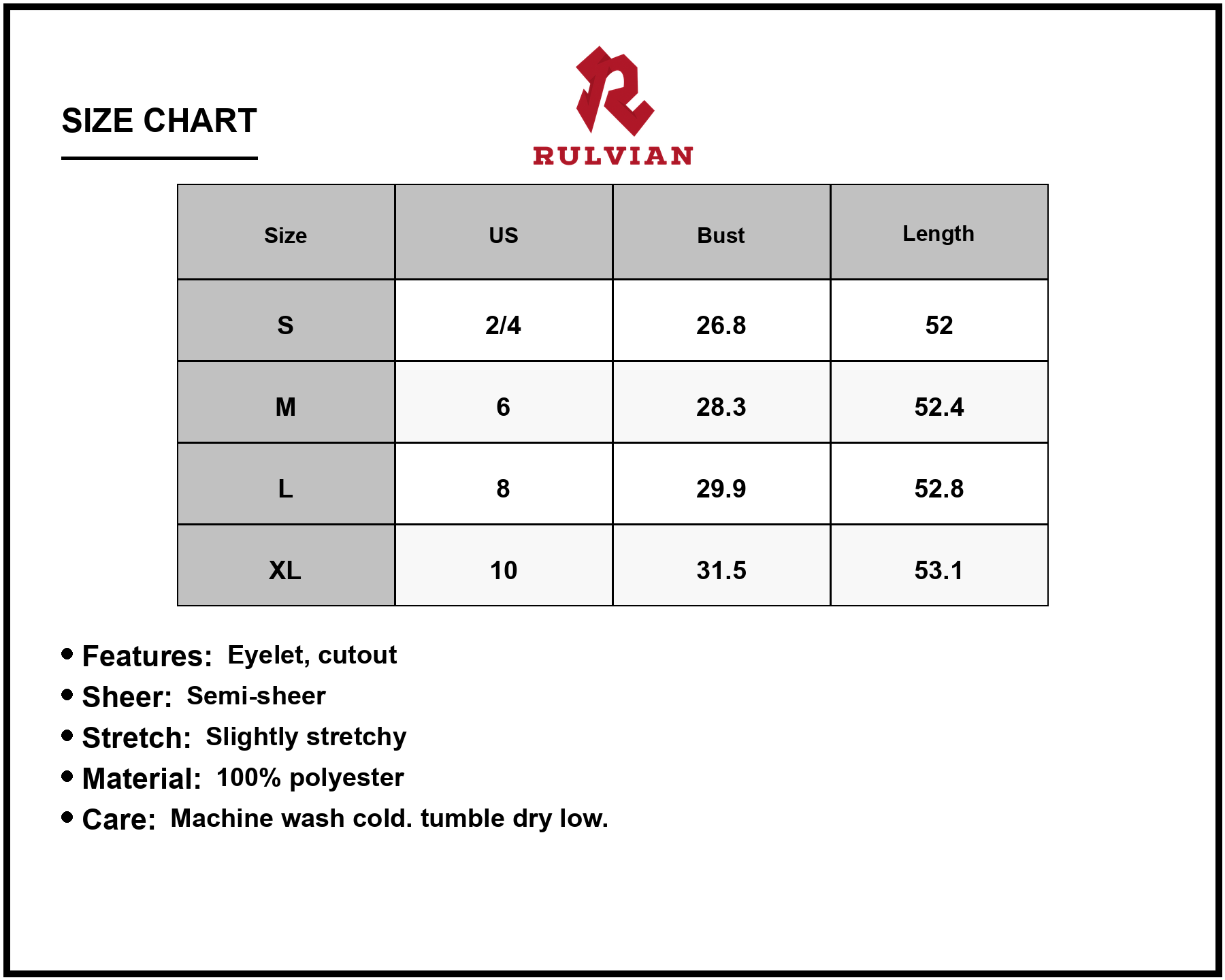 Size Chart - Women's Cutout Side Slit Maxi Tank Dress Eyelet Detail Semi Sheer Stretch Lined 100% Polyester Fabric for Summer Wear