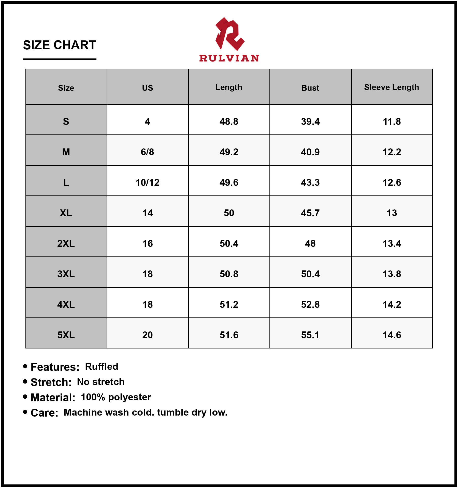 Size Chart - Women's Bohemian Paisley Print Midi Dress with Ruffle Hem Plus Size Full Length 100% Polyester Fabric for Everyday Wear