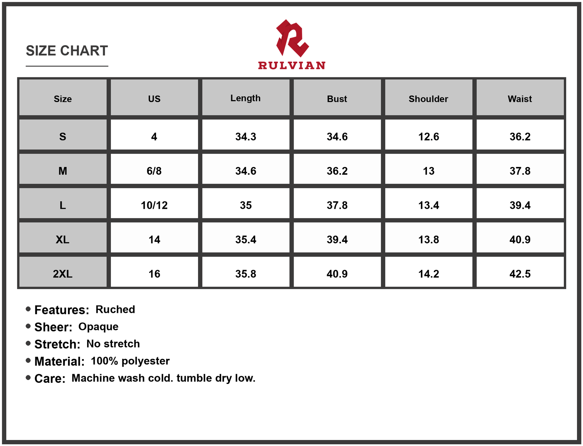 Size Chart - Women's Ruffled Printed Surplice Cap Sleeve Dress with Ruched Sheer Overlay and 100% Polyester fabric for events