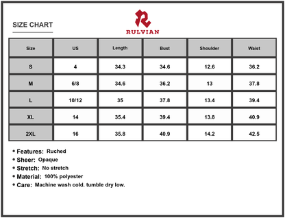 Size Chart - Women's Ruffled Printed Surplice Cap Sleeve Dress with Ruched Sheer Overlay and 100% Polyester fabric for events