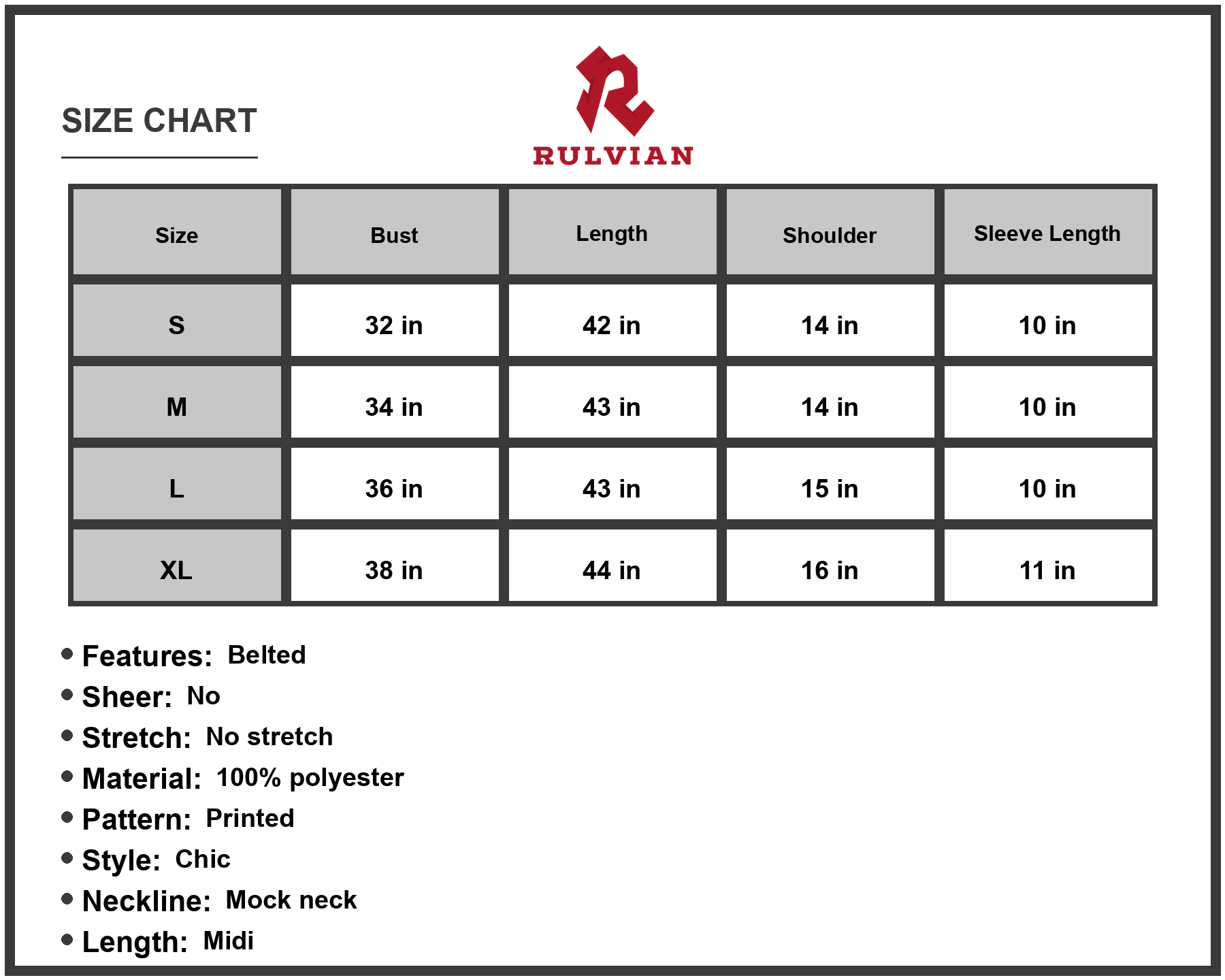 Size Chart - Women's Printed Short Sleeve Belted Midi Dress Mock Neck Chic A line Hem 100% Polyester Machine Wash Cold Easy care
