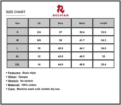 Size Chart - Women's Pleated Round Neck Sleeveless Mini Dress 100% Cotton Lightweight Breathable Sundress for Everyday Style