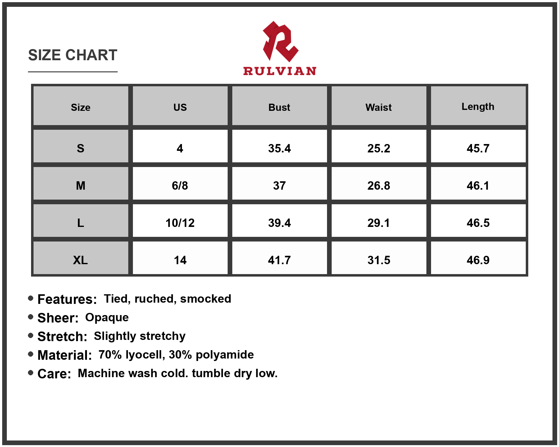 Size Chart - Women's Smocked Tiered Maxi Cami Dress with Sheer Overlay 70% Lyocell 30% Polyamide for Elegant Summer Events Today