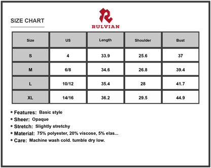 Size Chart - Women's Texture Round Neck Short Sleeve Mini Dress 75% Polyester 20% Viscose 5% Elastane For Everyday Wear Lightweight