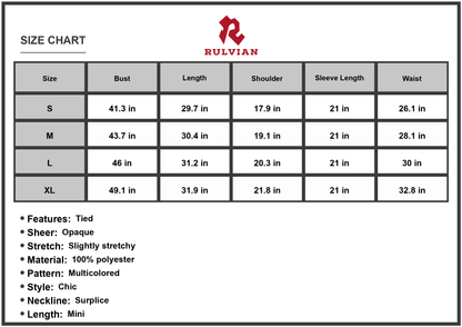 Size Chart - Women's Printed Surplice Neck Tie Waist Dress with Lantern Long Sleeves and A Line Hem 100% Polyester Fabric Details