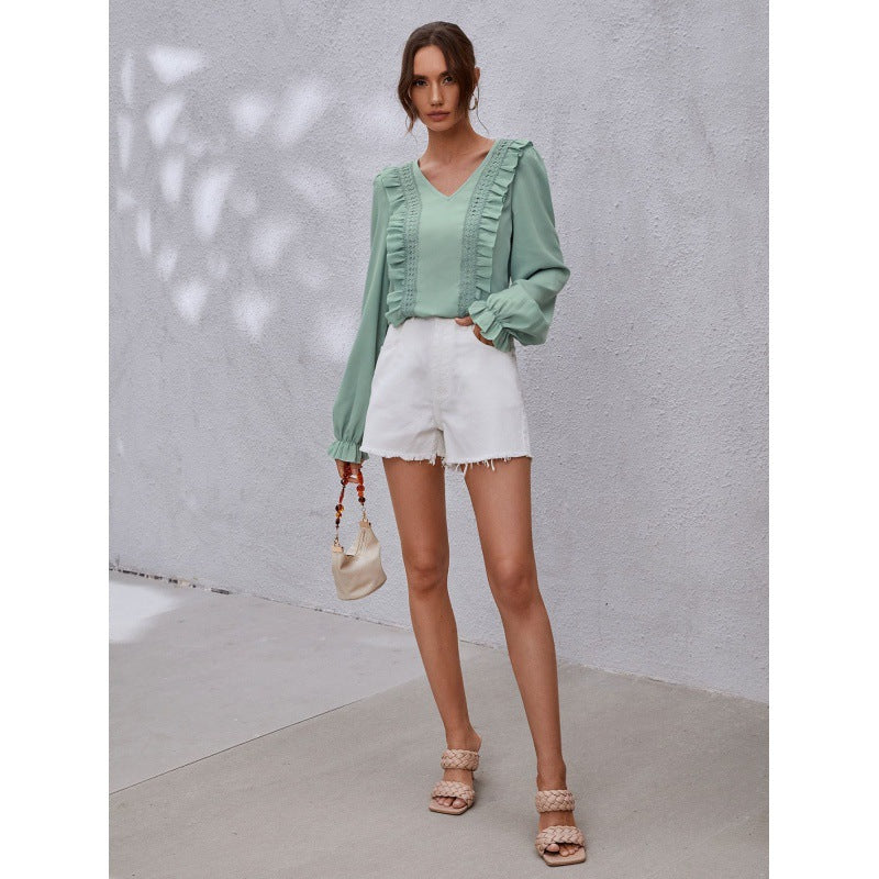 Men's Green V Neck Pullover Chiffon Shirt Crafted From Polyester Fiber For Everyday Wear And Travel Comfort