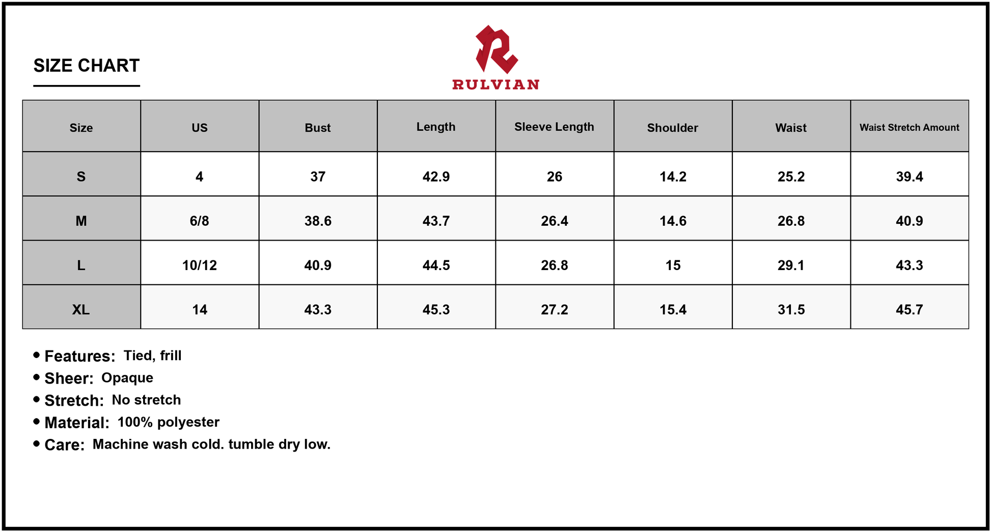 Size Chart - Women's Printed Mock Neck Flounce Sleeve Dress 100% Polyester Lightweight Elegant Everyday Dress Chic Versatile Gown Now