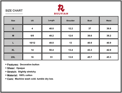Size Chart - Women's Notched Sleeveless Dress with Decorative Button Details and Sheer Overlay 100% Cotton Fabric ideal for every day