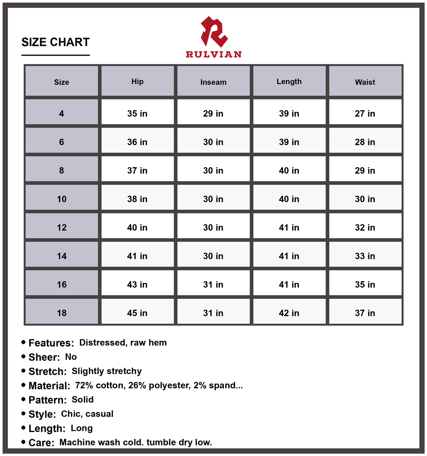 Size Chart - Women's Ripped Frayed Hem Jeans Distressed Raw Hem Stretch Denim Pants Casual Chic Everyday Fashion Regular Fit Durable Premium