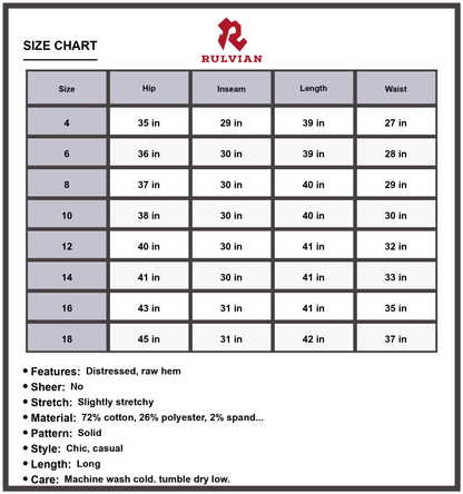 Size Chart - Women's Ripped Frayed Hem Jeans Distressed Raw Hem Stretch Denim Pants Casual Chic Everyday Fashion Regular Fit Durable Premium