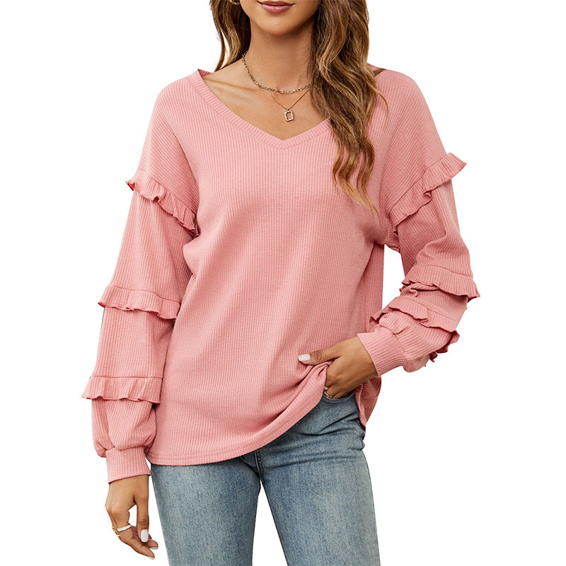 Women's Waffle V Neck Flounce Top For Autumn And Winter 100% Cotton Loose Fit Casual Style Soft Cozy Wear