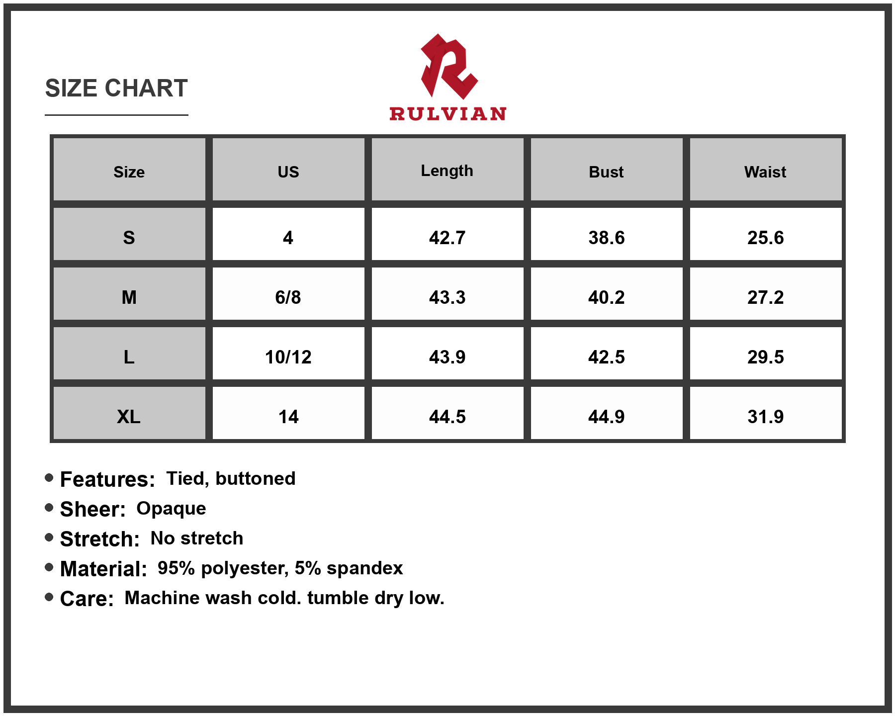 Size Chart - Women's Buttoned Tie Waist Short Sleeve Dress With Opaque Overlay 95% Polyester 5% Spandex Breathable Easy Care