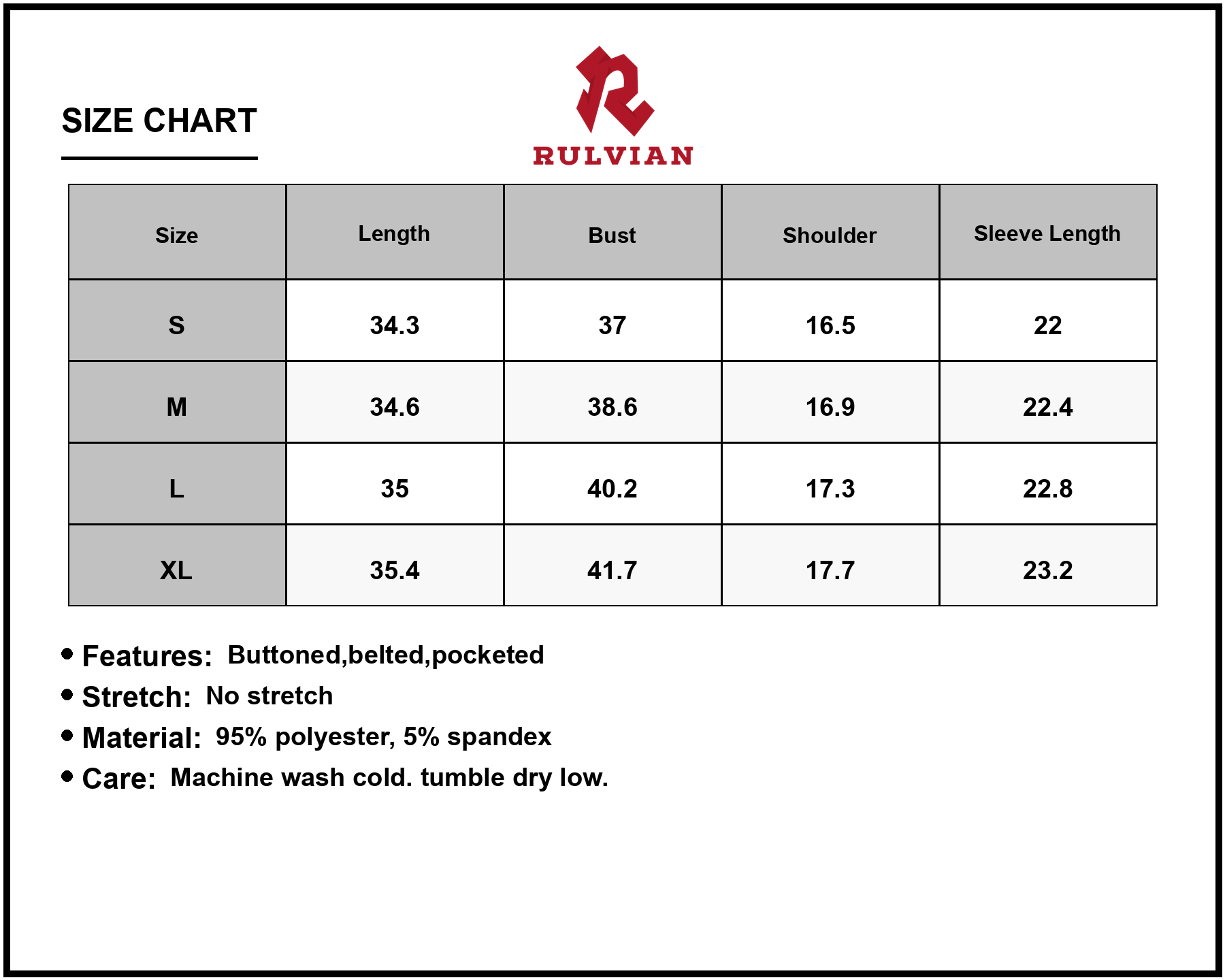 Size Chart - Women's Button Front Belt Long Sleeve Corduroy Dress with Pockets and Classic Belted Look Everyday Wear